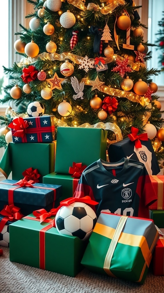 Christmas gifts for soccer fans including a soccer ball, jerseys, and training gear under a Christmas tree.